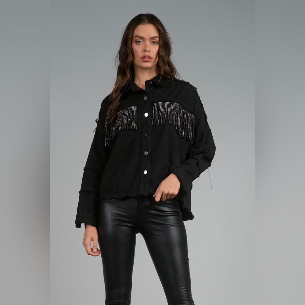 Zara Black Denim fringe jacket XS new with tags